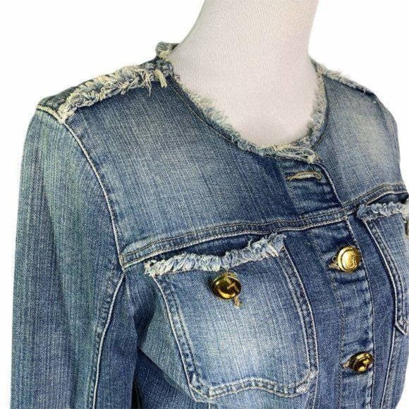 GUESS Denim Gold Buttons Raw Hem Distressed Jacket - Picture 3 of 9